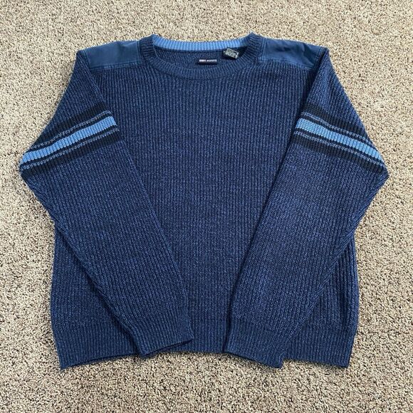 VTG Faded Glory Crewneck Sweater Men’s XL Pull Over Blue Denim Patch Shoulders - Picture 1 of 7